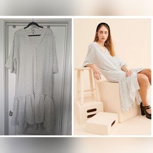 Anthropologie Ichi Agustina Black White Polka Dot Midi Button Up Dress Medium
